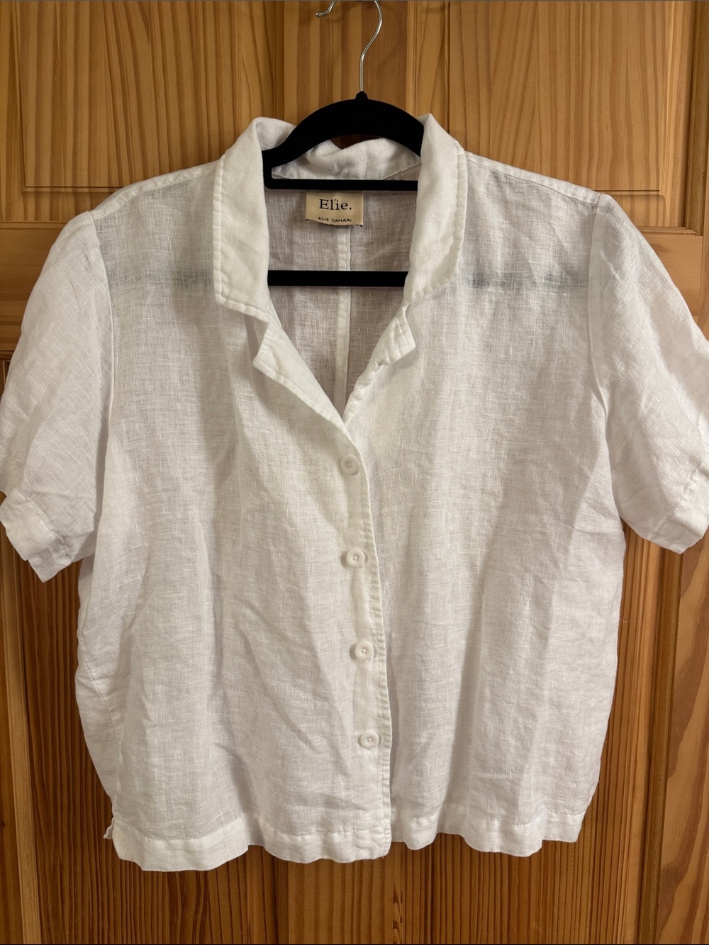 Elie Tahari White Linen Short Sleeve Button-Front Shirt